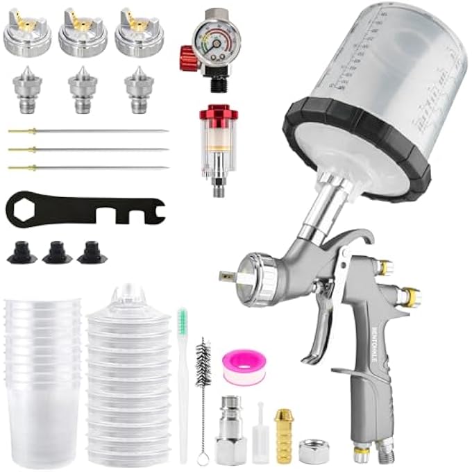 BENTOHKLE D1 LVLP AIR SPRAY GUN KIT WITH 10PCS 600ML DISPOSABLE MIXING CUPS 1.3/1.5/1.7MM NOZZLES AUTOMOTIVE PAINT GUN CAR PAINT SPRAYER FOR HOUSE PAINTING FURNITURE DIY - Image 1